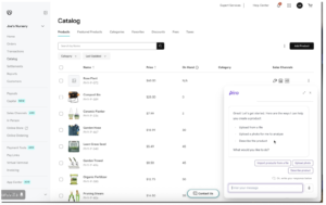 A screenshot of the GoDaddy POS system's "Catalog" page, displaying a list of products with details such as price, on-hand quantity, and category. An AI chatbot from Airo is open on the right, offering assistance to create a product.
